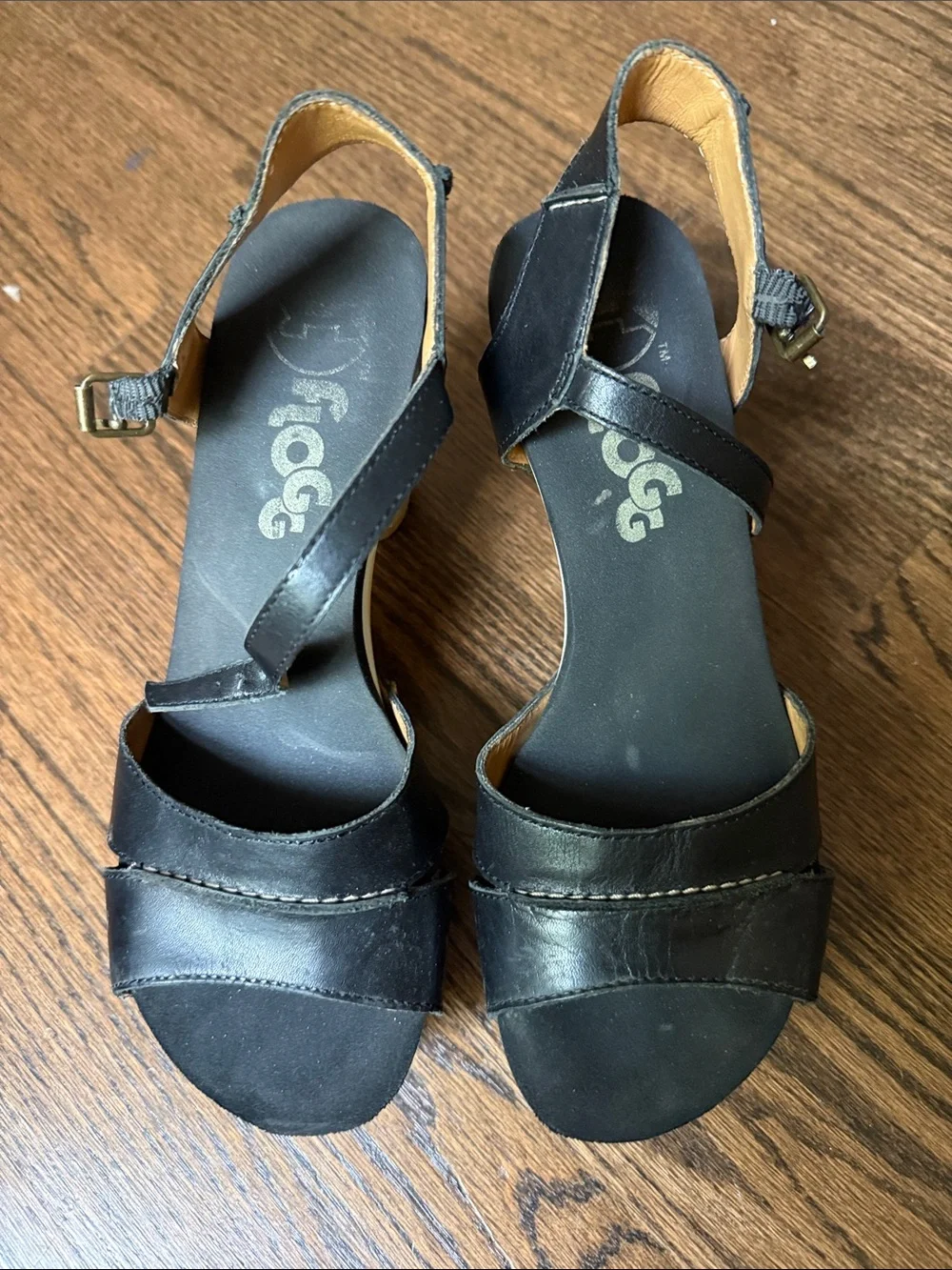 Black Leather Platform Clog Heels with Wood sole.